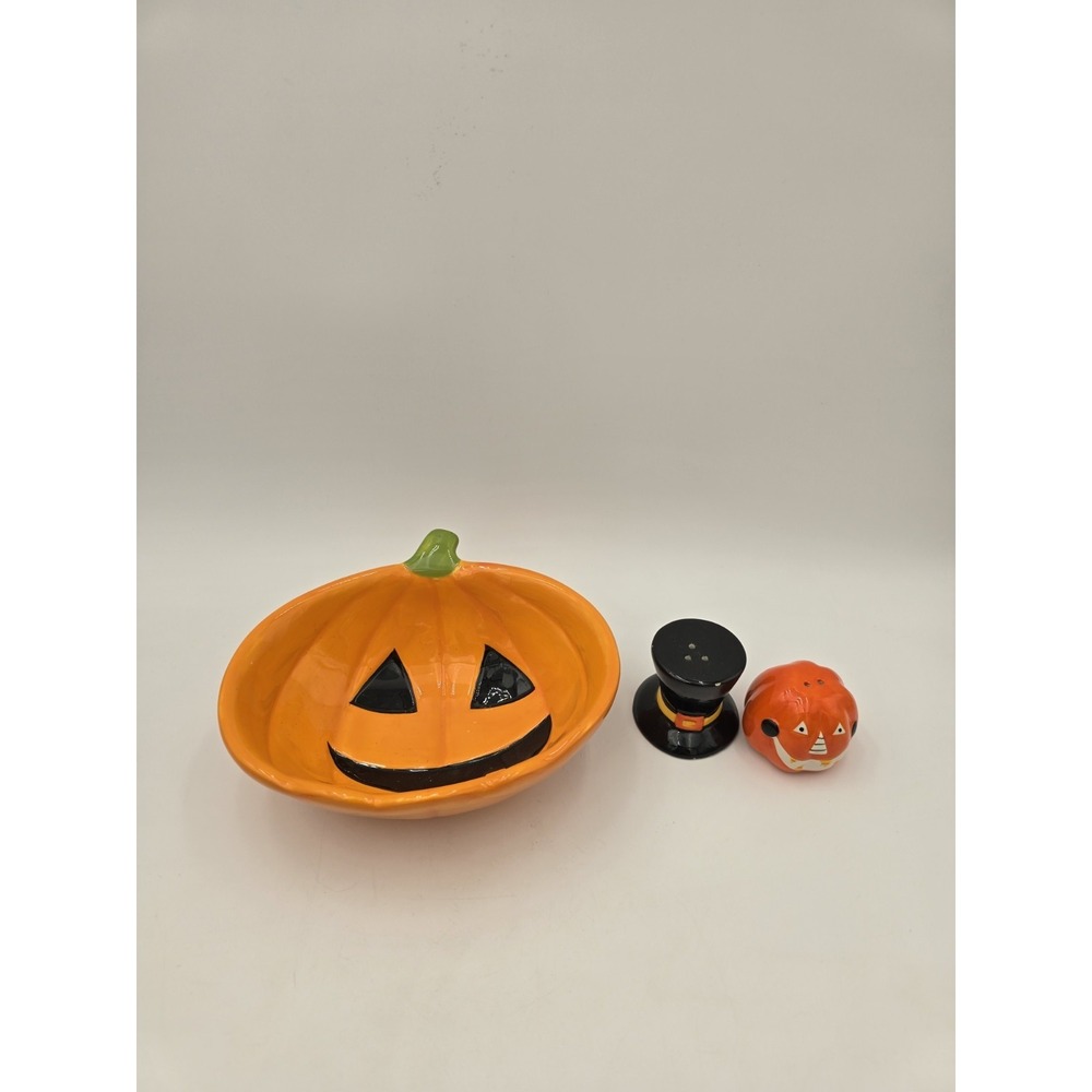 Halloween Pumpkin Candy Dish and Fun Salt and Pepper Shakers  Ceramic